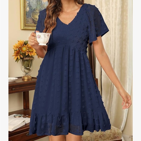 Navy Blue Smocked Ruffle Dress - Picture 2 of 5